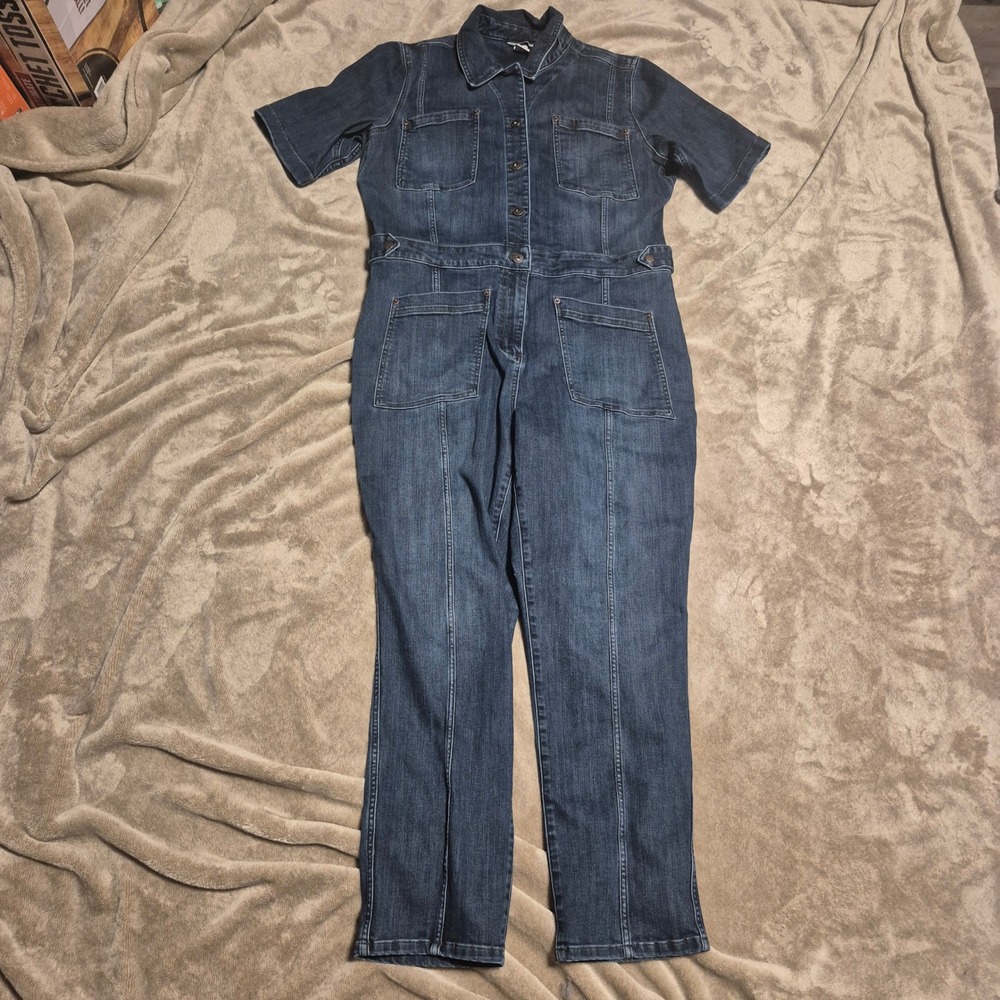 Duluth Trading Co Womens Denim Jumpsuit Short Sleeve Utility Coveralls Blue 18 R